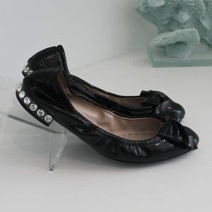REDUCED MIU MIU Patent Leather Black w Bow Flats Embellished Heel 37 7